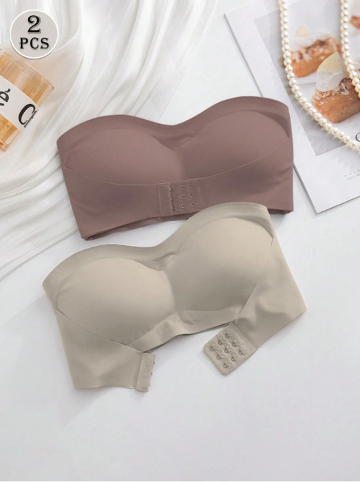 2PCS Front Closure Strapless Bandeau Bra Set – Wireless Soft Cup Comfort
