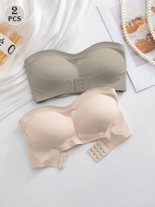 2PCS Front Closure Strapless Bandeau Bra Set – Wireless Soft Cup Comfort