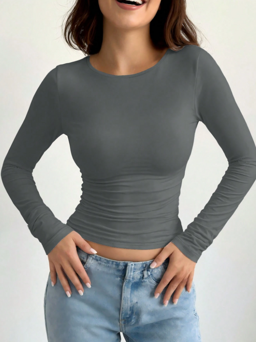 Women Simple Long Sleeve Top Slim Fit Round Neck