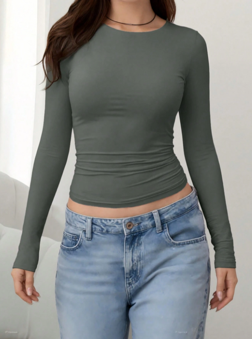 Women Simple Long Sleeve Top Slim Fit Round Neck