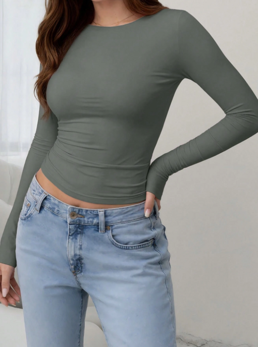 Women Simple Long Sleeve Top Slim Fit Round Neck