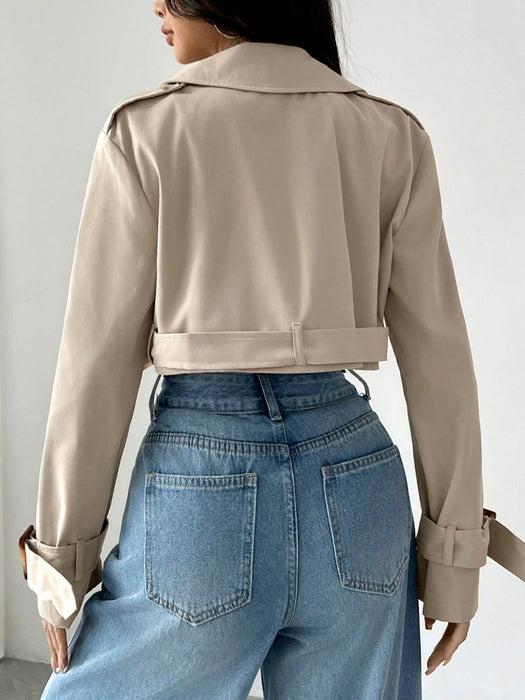 Women’s Short Trench Coat Notched Lapel Button Front Casual Jacket UK