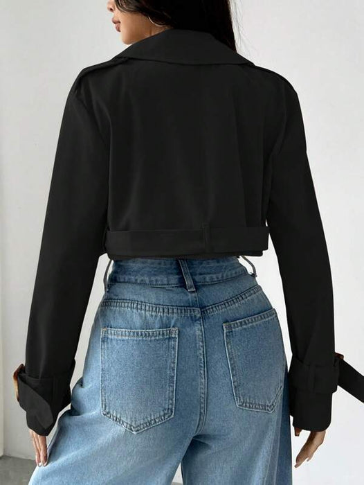 Women’s Cropped Trench Coat Lapel Collar Long Sleeve Casual Jacket UK