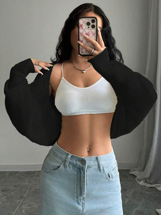 Plain Cropped Cardigan Long Sleeve Black Casual Knit Top UK