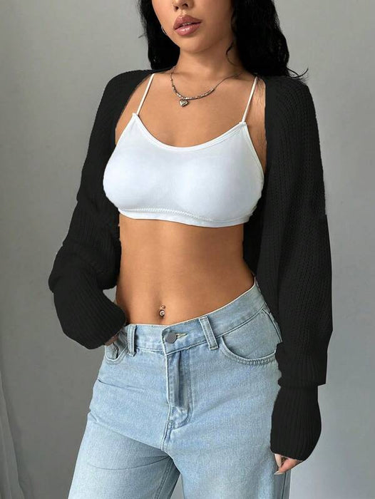 Plain Cropped Cardigan Long Sleeve Black Casual Knit Top UK