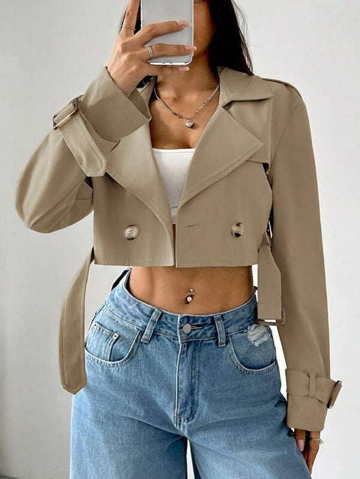 Women’s Khaki Cropped Trench Coat Long Sleeve Casual Jacket UK