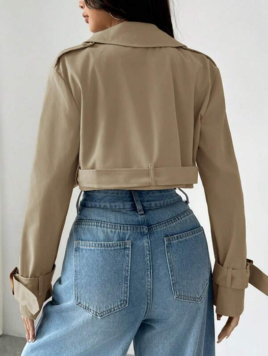Women’s Khaki Cropped Trench Coat Long Sleeve Casual Jacket UK