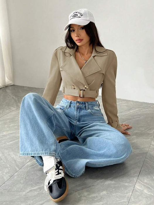 Women’s Khaki Cropped Trench Coat Long Sleeve Casual Jacket UK