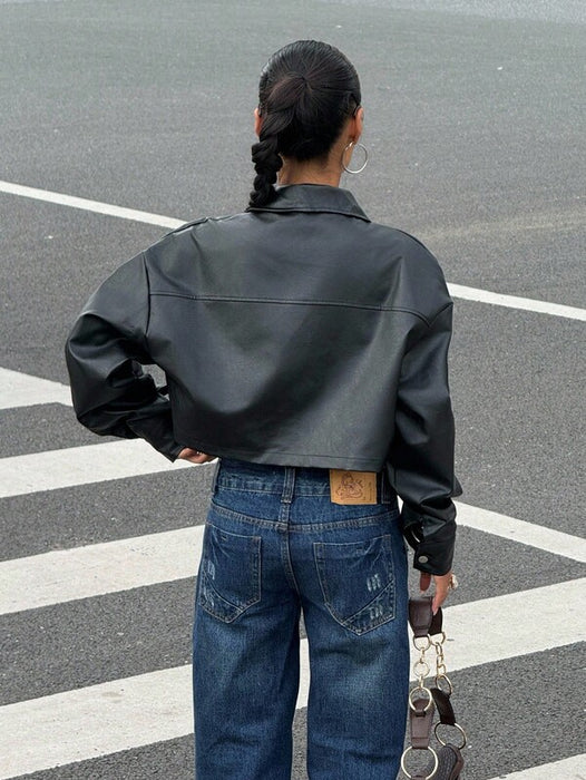 Women’s PU Leather Crop Jacket Drop Shoulder Button Casual Coat UK