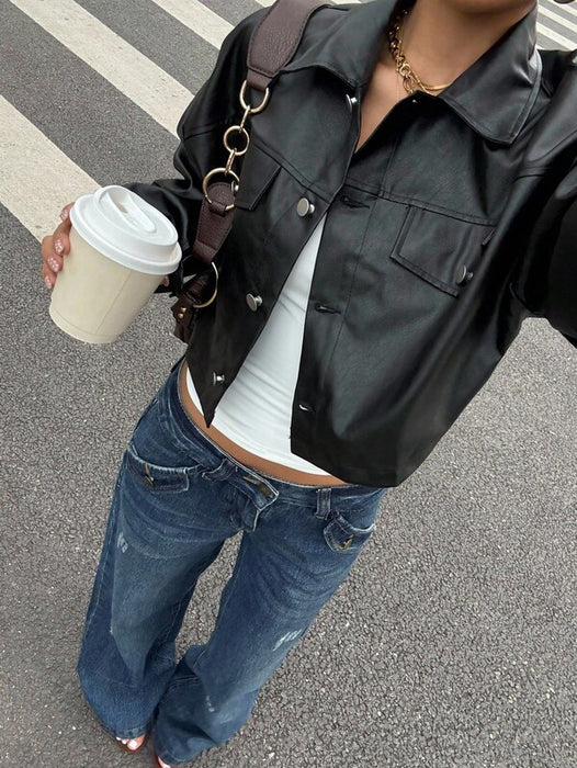 Women’s PU Leather Crop Jacket Drop Shoulder Button Casual Coat UK