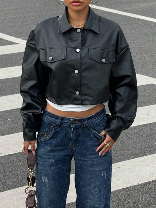 Women’s PU Leather Crop Jacket Drop Shoulder Button Casual Coat UK