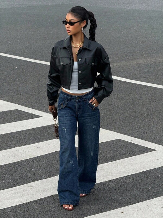 Women’s PU Leather Crop Jacket Drop Shoulder Button Casual Coat UK