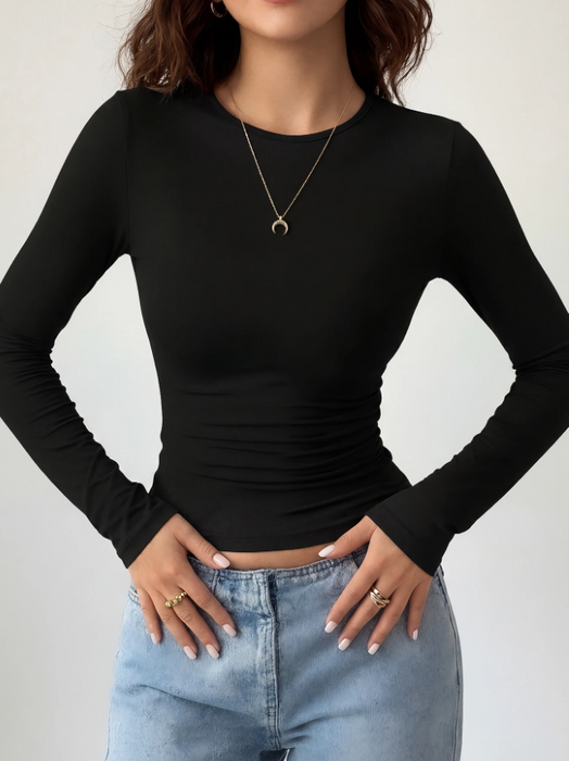 Women Simple Long Sleeve Top Slim Fit Round Neck