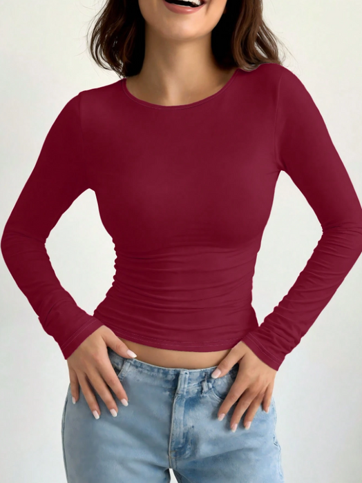 Women Simple Long Sleeve Top Slim Fit Round Neck