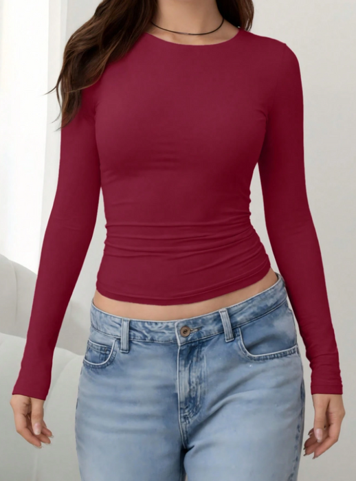 Women Simple Long Sleeve Top Slim Fit Round Neck