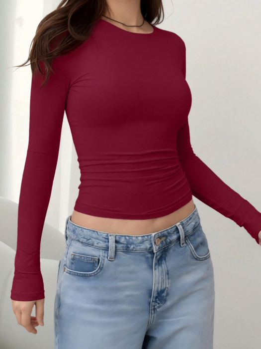 Women Simple Long Sleeve Top Slim Fit Round Neck