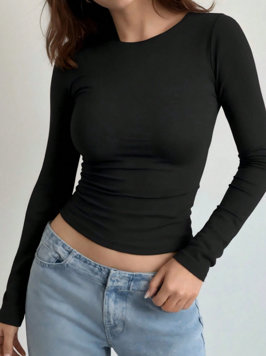 Women Simple Long Sleeve Top Slim Fit Round Neck