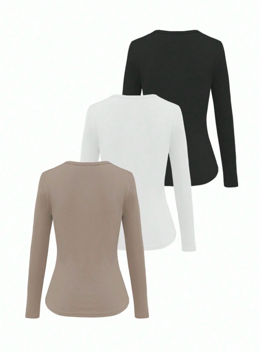 3PCS Women’s Solid Colour Slim Fit Long Sleeve T-Shirt Set