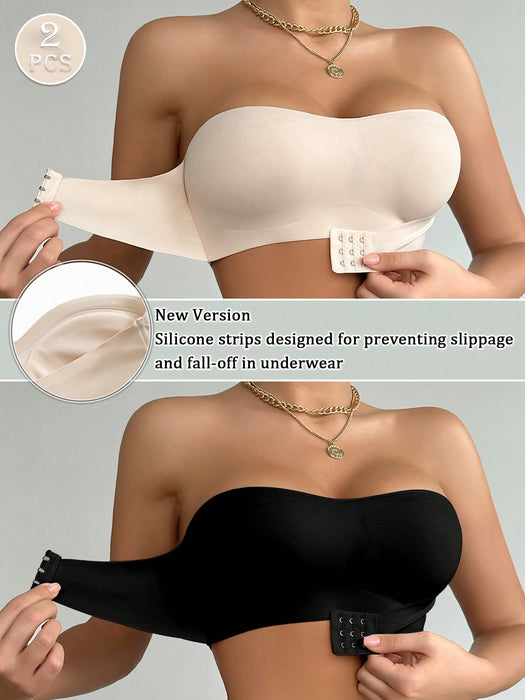 2PCS Front Closure Strapless Bandeau Bra Set – Wireless Soft Cup Comfort