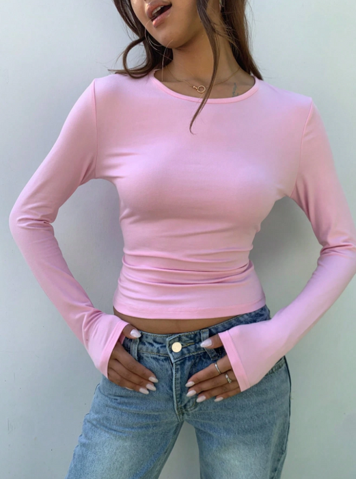 Women Simple Long Sleeve Top Slim Fit Round Neck