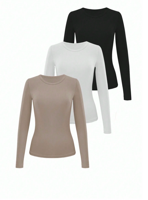 3PCS Women’s Solid Colour Slim Fit Long Sleeve T-Shirt Set