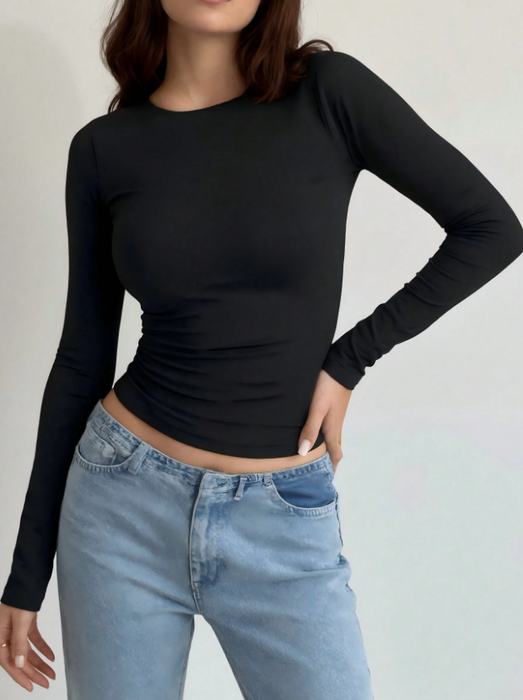 Women Simple Long Sleeve Top Slim Fit Round Neck