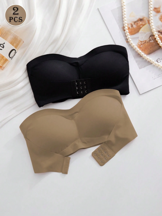 2PCS Front Closure Strapless Bandeau Bra Set – Wireless Soft Cup Comfort