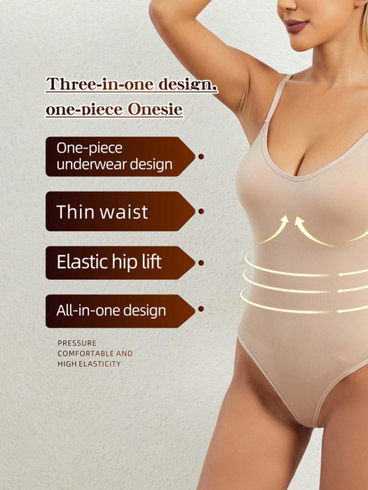 3pcs Solid Shaping Thong Bodysuit, Simple & Soft Tummy Control Slimmer Body Shaper