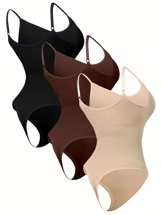 3pcs Solid Shaping Thong Bodysuit, Simple & Soft Tummy Control Slimmer Body Shaper