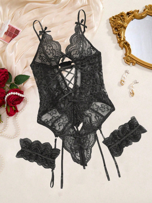 3-Piece Women Black Lace Lingerie Set with Criss-Cross Waist Tie & Garter Belt