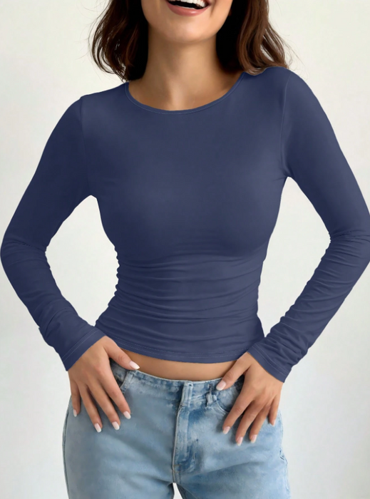 Women Simple Long Sleeve Top Slim Fit Round Neck