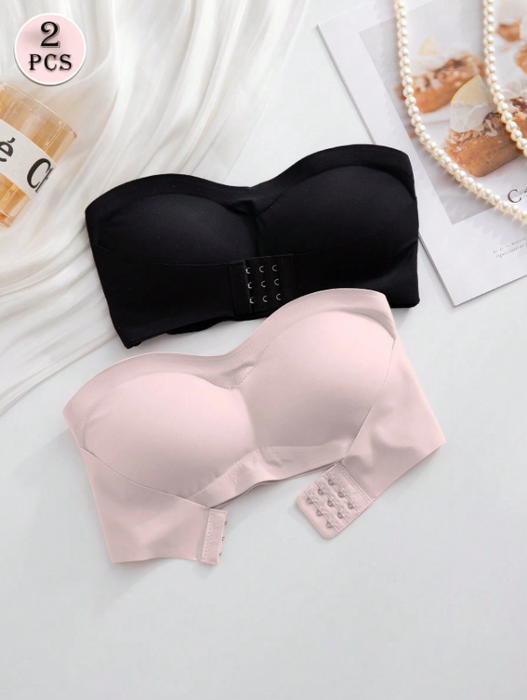 2PCS Front Closure Strapless Bandeau Bra Set – Wireless Soft Cup Comfort