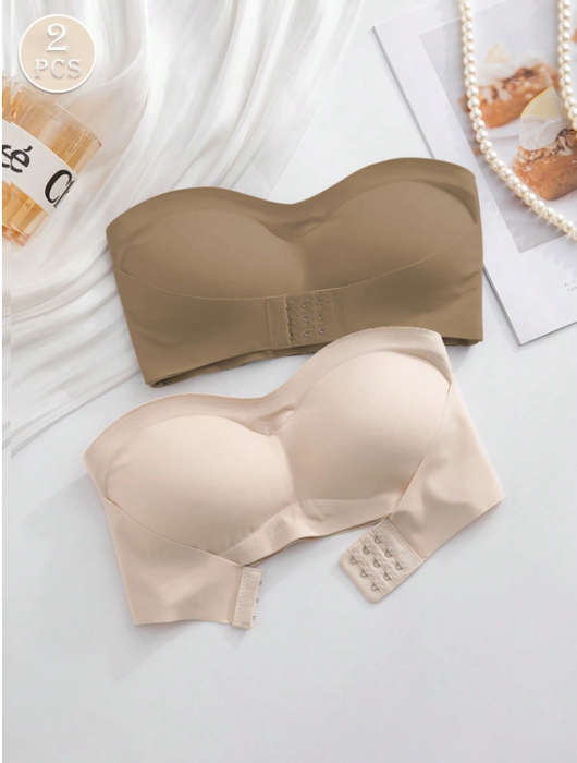 2PCS Front Closure Strapless Bandeau Bra Set – Wireless Soft Cup Comfort