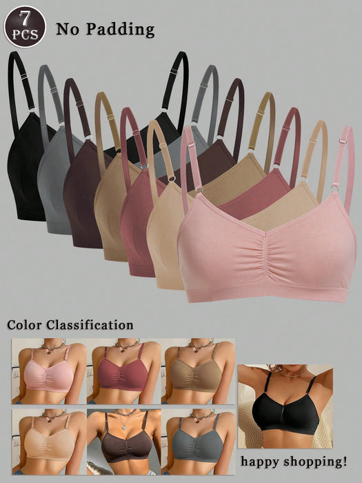 7pcs Seamless Bra Set, Comfortable Casual Bras With Adjustable Straps