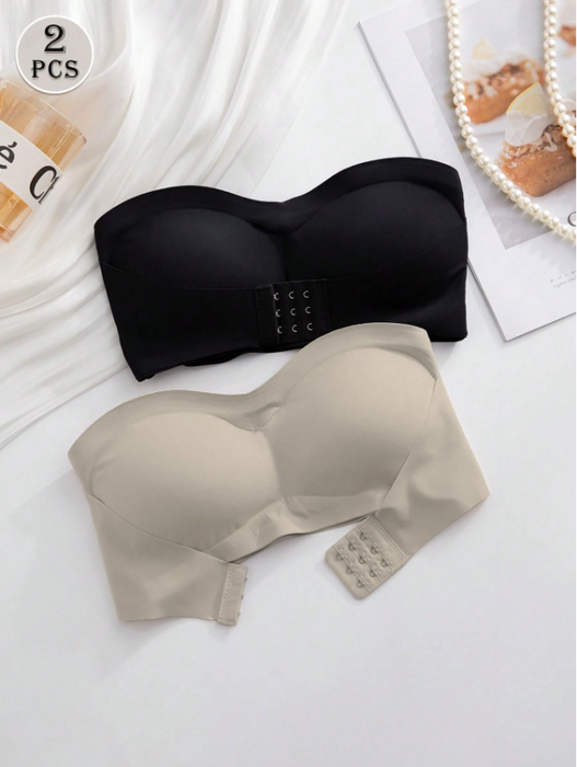 2PCS Front Closure Strapless Bandeau Bra Set – Wireless Soft Cup Comfort