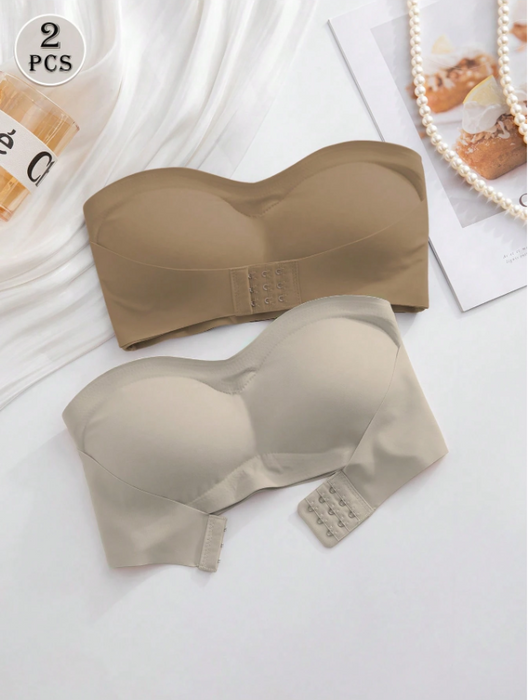 2PCS Front Closure Strapless Bandeau Bra Set – Wireless Soft Cup Comfort