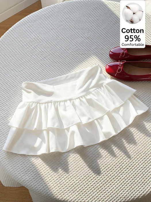 Solid Color Ruffle Hem Casual Short Skirt