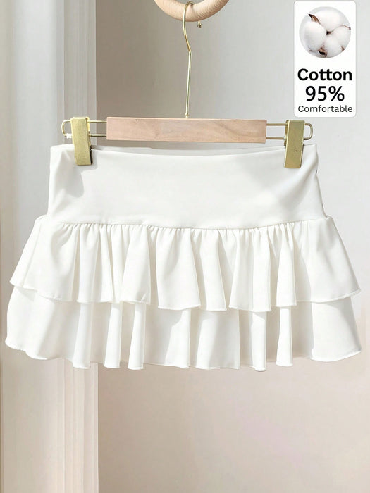 Solid Color Ruffle Hem Casual Short Skirt