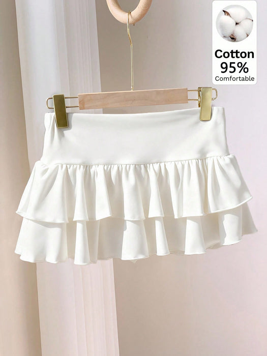 Solid Color Ruffle Hem Casual Short Skirt