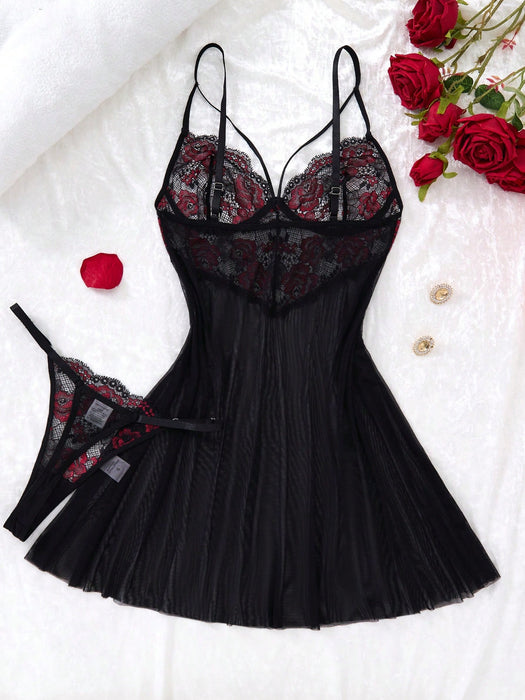Women Black & Red Rose Gothic Lace Crop Top Dress & Thong Lingerie Set