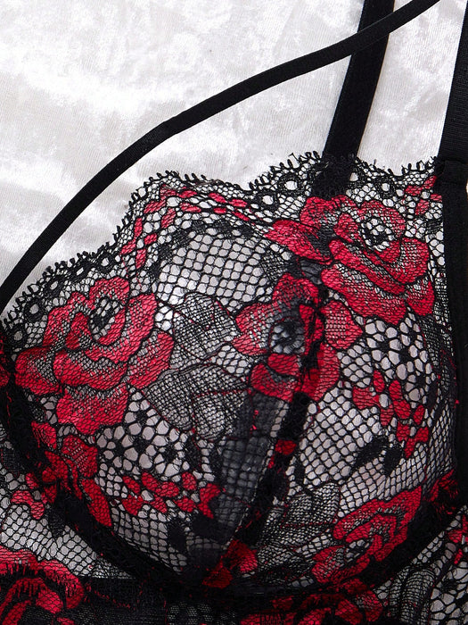 Women Black & Red Rose Gothic Lace Crop Top Dress & Thong Lingerie Set