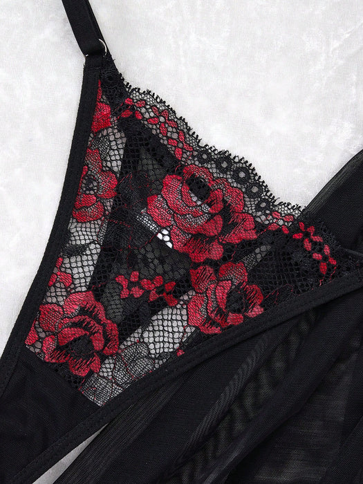 Women Black & Red Rose Gothic Lace Crop Top Dress & Thong Lingerie Set