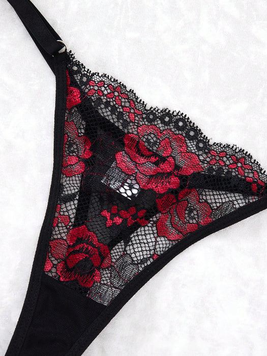 Women Black & Red Rose Gothic Lace Crop Top Dress & Thong Lingerie Set