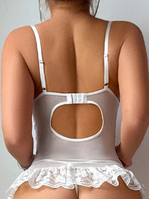 Sexy Lace & Mesh Ruffle Strap Bustier Lingerie Set with Stockings 4PCS