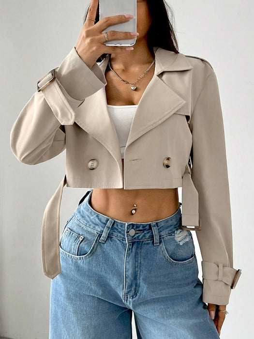 Women’s Short Trench Coat Notched Lapel Button Front Casual Jacket UK