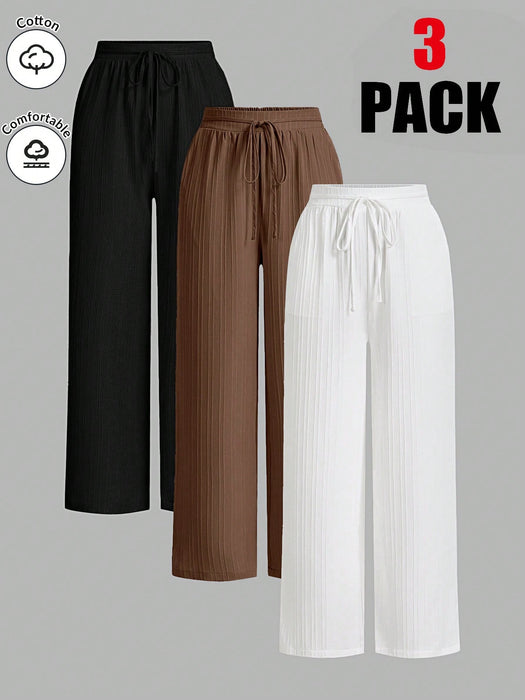 Pack of 3 Solid Color Waist-Tie Wide Leg Loose Casual Pants