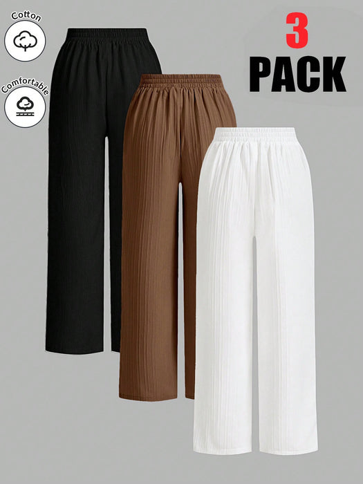 Pack of 3 Solid Color Waist-Tie Wide Leg Loose Casual Pants