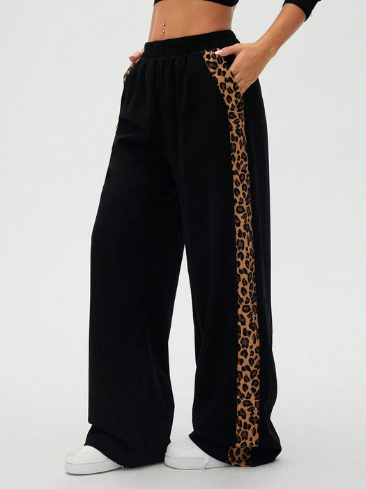 Women Leopard Print Patchwork Casual Straight Leg Pants