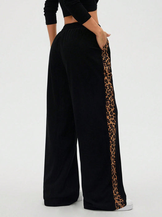 Women Leopard Print Patchwork Casual Straight Leg Pants