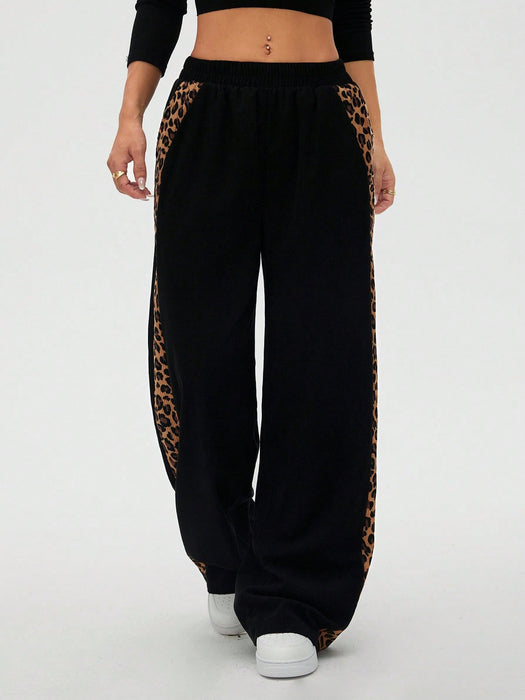 Women Leopard Print Patchwork Casual Straight Leg Pants